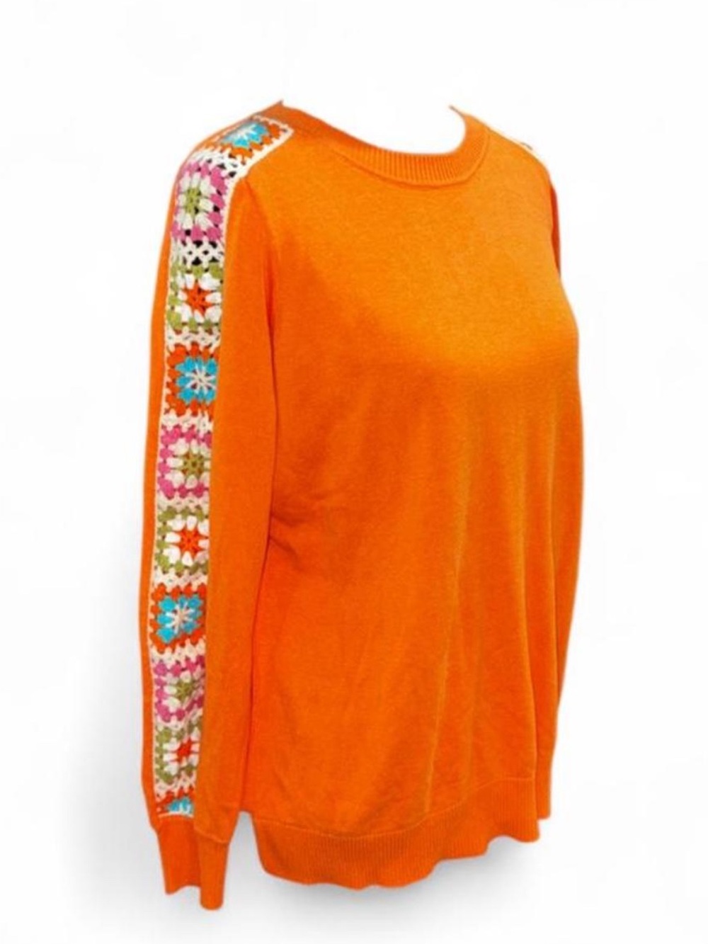 Orange Crewneck Sweater with Crochet-Trim Sleeves